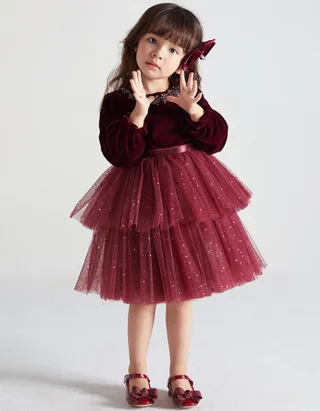 ALLOVIN Toddler Girls Round Neck Velvet Tulle Dress