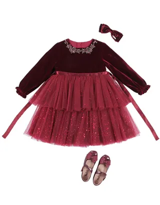 ALLOVIN Toddler Girls Round Neck Velvet Tulle Dress