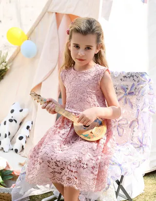 ALLOVIN Toddler Girl A-Line Wedding Lace Dress Pink