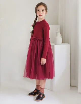ALLOVIN Toddler Girls Textured Knit & Tulle Dress