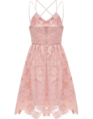 ALLOVIN Women's V Neck Spaghetti Strap Floral Lace Cocktail Dress Sexy Backless Sleeveless A Line Party Dress Pink