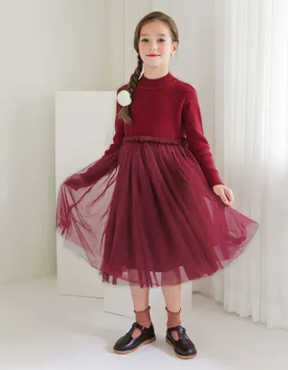 ALLOVIN Toddler Girls Textured Knit & Tulle Dress