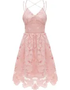 ALLOVIN Women's V Neck Spaghetti Strap Floral Lace Cocktail Dress Sexy Backless Sleeveless A Line Party Dress Pink