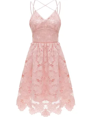 ALLOVIN Women's V Neck Spaghetti Strap Floral Lace Cocktail Dress Sexy Backless Sleeveless A Line Party Dress Pink