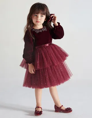 ALLOVIN Toddler Girls Round Neck Velvet Tulle Dress