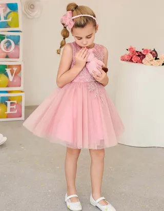 ALLOVIN Pink Embroidery Tulle Dress