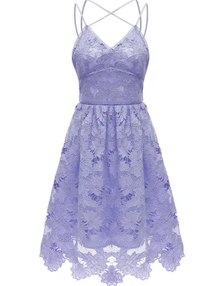 ALLOVIN Women's V Neck Spaghetti Strap Floral Lace Cocktail Dress Sexy Backless Sleeveless A Line Party Dress Light Purple