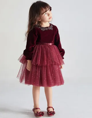 ALLOVIN Toddler Girls Round Neck Velvet Tulle Dress