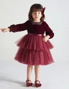 ALLOVIN Toddler Girls Round Neck Velvet Tulle Dress
