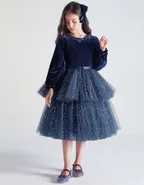 ALLOVIN Toddler Girls Round Neck Velvet Tulle Dress