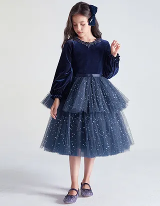 ALLOVIN Toddler Girls Round Neck Velvet Tulle Dress