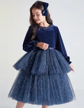 ALLOVIN Toddler Girls Round Neck Velvet Tulle Dress