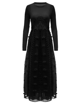 ALLOVIN Women's Long Sleeve Hollow Out Boho Maxi Dress Flowy Casual Long Tulle Dress with Pockets Black