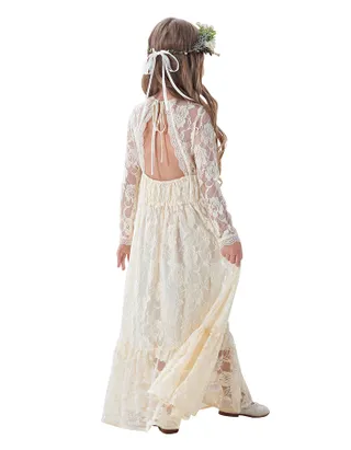 ALLOVIN Girl's Long Sleeve A-Line Lace Maxi Dress Backless Ruffle Hem Flower Girl Party Dress