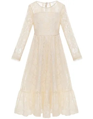 ALLOVIN Girls Long Sleeve A-Line Lace Maxi Dress Backless Ruffle Hem Flower Girl Party Dress Champagne