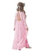 ALLOVIN Girl's Long Sleeve A-Line Lace Maxi Dress Backless Ruffle Hem Flower Girl Party Dress
