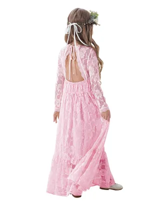 ALLOVIN Girl's Long Sleeve A-Line Lace Maxi Dress Backless Ruffle Hem Flower Girl Party Dress