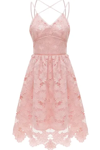 ALLOVIN Women's V Neck Spaghetti Strap Floral Lace Cocktail Dress Sexy Backless Sleeveless A Line Party Dress