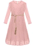 ALLOVIN Toddler Girl's Vintage Boho A-Line Lace Dress with Belt Kids Pom Pom Trim Birthday Party Dress