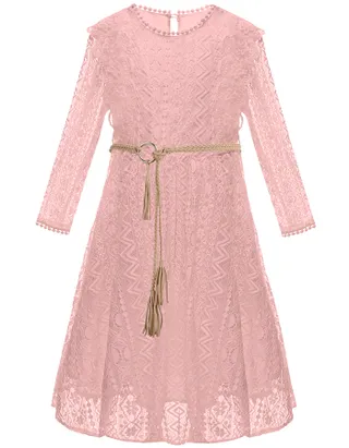ALLOVIN Toddler Girl's Vintage Boho A-Line Lace Dress with Belt Kids Pom Pom Trim Birthday Party Dress