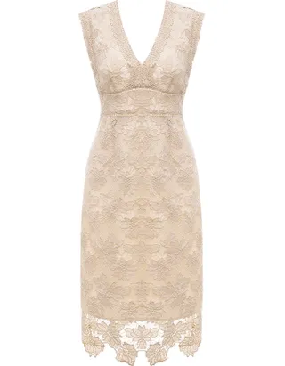 ALLOVIN Women's Sleeveless V Neck Floral Lace Cocktail Dress Knee Length Elegant Formal Party Dress Champagne