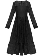 ALLOVIN Girls Long Sleeve A-Line Lace Maxi Dress Backless Ruffle Hem Flower Girl Party Dress Black