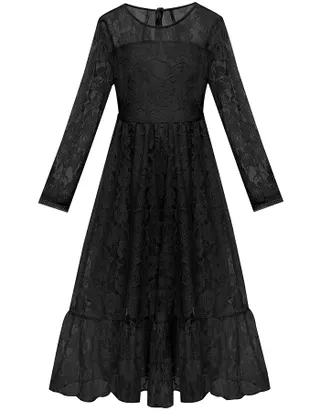 ALLOVIN Girls Long Sleeve A-Line Lace Maxi Dress Backless Ruffle Hem Flower Girl Party Dress Black