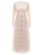 ALLOVIN Women's Long Sleeve Hollow Out Boho Maxi Dress Flowy Casual Long Tulle Dress with Pockets Apricot