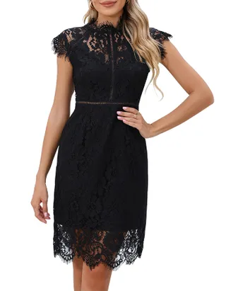 ALLOVIN Women's Sleeveless V-Back Floral Lace Cocktail Party Dress Elegant Knee Length Wedding Guest Dress