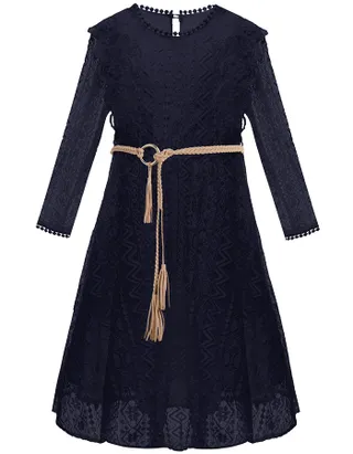 ALLOVIN Toddler Girl's Vintage Boho A-Line Lace Dress with Belt Kids Pom Pom Trim Birthday Party Dress