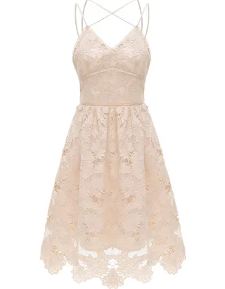ALLOVIN Women's V Neck Spaghetti Strap Floral Lace Cocktail Dress Sexy Backless Sleeveless A Line Party Dress Champagne