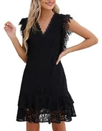 ALLOVIN Women's Elegant V Neck Ruffle Hem Floral Lace Cocktail Dress Sleeveless Wedding Guest Party Dress Black