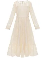 ALLOVIN Girls Long Sleeve A-Line Lace Maxi Dress Backless Ruffle Hem Flower Girl Party Dress