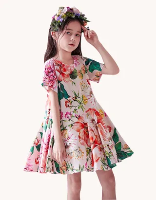 Toddler Girl Short Sleeve Casual Floral Printed Holiday Dress