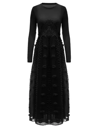 ALLOVIN Women's Long Sleeve Hollow Out Boho Maxi Dress Flowy Casual Long Tulle Dress with Pockets