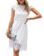 ALLOVIN Women's Sleeveless V-Back Floral Lace Cocktail Party Dress Elegant Knee Length Wedding Guest Dress White