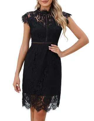 ALLOVIN Women's Sleeveless V-Back Floral Lace Cocktail Party Dress Elegant Knee Length Wedding Guest Dress Black