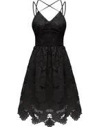 ALLOVIN Women's V Neck Spaghetti Strap Floral Lace Cocktail Dress Sexy Backless Sleeveless A Line Party Dress Black