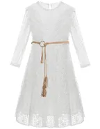 ALLOVIN Toddler Girl's Vintage Boho A-Line Lace Dress with Belt Kids Pom Pom Trim Birthday Party Dress