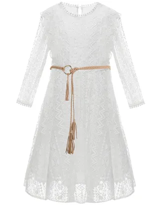 ALLOVIN Toddler Girl's Vintage Boho A-Line Lace Dress with Belt Kids Pom Pom Trim Birthday Party Dress
