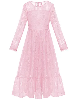 ALLOVIN Girls Long Sleeve A-Line Lace Maxi Dress Backless Ruffle Hem Flower Girl Party Dress Pink