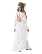 ALLOVIN Girl's Long Sleeve A-Line Lace Maxi Dress Backless Ruffle Hem Flower Girl Party Dress