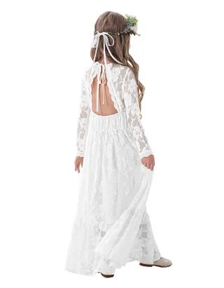 ALLOVIN Girl's Long Sleeve A-Line Lace Maxi Dress Backless Ruffle Hem Flower Girl Party Dress