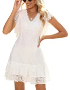 ALLOVIN Women's Elegant V Neck Ruffle Hem Floral Lace Cocktail Dress Sleeveless Wedding Guest Party Dress White