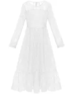ALLOVIN Girls Long Sleeve A-Line Lace Maxi Dress Backless Ruffle Hem Flower Girl Party Dress White