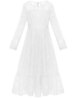 ALLOVIN Girls Long Sleeve A-Line Lace Maxi Dress Backless Ruffle Hem Flower Girl Party Dress White