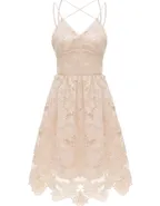 ALLOVIN Women's V Neck Spaghetti Strap Floral Lace Cocktail Dress Sexy Backless Sleeveless A Line Party Dress