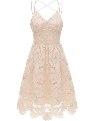 ALLOVIN Women's V Neck Spaghetti Strap Floral Lace Cocktail Dress Sexy Backless Sleeveless A Line Party Dress