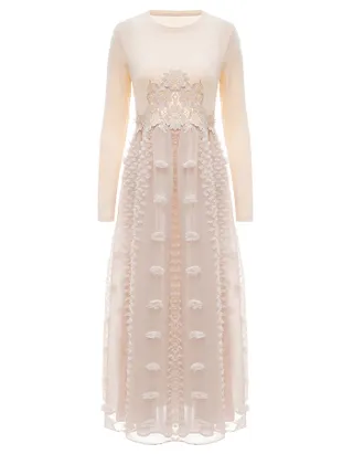 ALLOVIN Women's Long Sleeve Hollow Out Boho Maxi Dress Flowy Casual Long Tulle Dress with Pockets