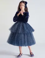 ALLOVIN Toddler Girls Round Neck Velvet Tulle Dress